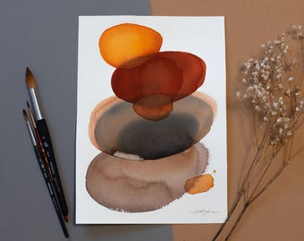 Original Abstract Watercolor Painting, Small Earth Tone Wall Art, One of a Kind Signed Artwork, Terracotta Boho Decor, Unique Gift