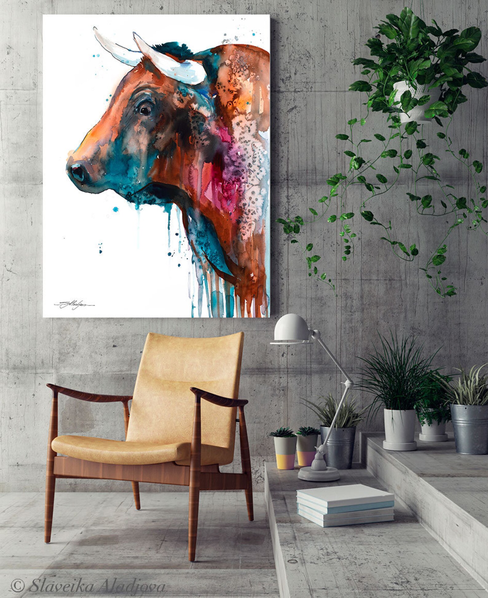 Brown Bull Watercolor Painting Print by Slaveika Aladjova, Art, Animal ...
