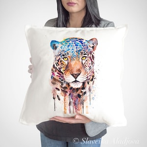 Cubierta del cojín del jaguar, almohada del tiro, cubierta del cojín decorativo, idea del regalo del amante animal, almohada de la acuarela, almohada de la pantera linda