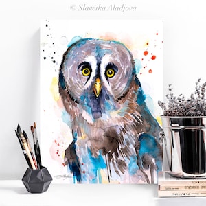 Great grey owl watercolor painting print by Slaveika Aladjova, art, animal, illustration, bird, home decor, wall art, Wildlife, Contemporary