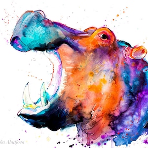 Hippo watercolor painting print by Slaveika Aladjova, art, animal, illustration, home decor, Nursery, African, Wildlife, wall art image 2