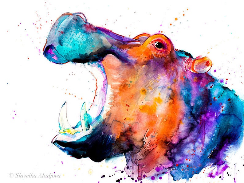 Hippo watercolor painting print by Slaveika Aladjova, art, animal, illustration, home decor, Nursery, African, Wildlife, wall art image 2