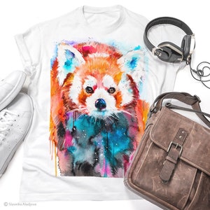 Red Panda T-shirt, Red panda Unisex T-shirt print, Men&#39;s tees, Red panda Lover Gift, watercolor print, ring spun Cotton 100%,Colourful print
