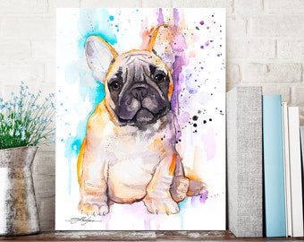 Baby fawn french bulldog watercolor painting print by Slaveika Aladjova, art, animal, illustration, home decor, gift, Contemporary, dog art