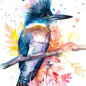 May include: Watercolor painting of a blue bird with a crested head perched on a branch. The bird is surrounded by colorful flowers and leaves. The background is white with splashes of color.