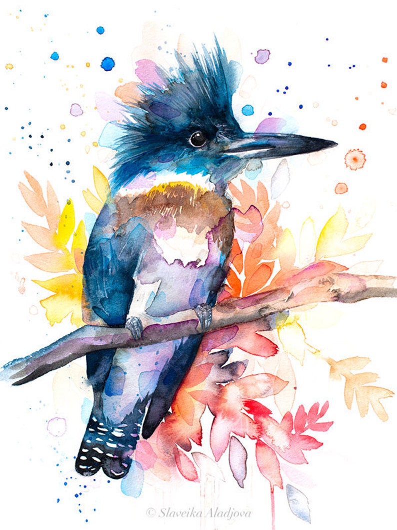 May include: Watercolor painting of a blue bird with a crested head perched on a branch. The bird is surrounded by colorful flowers and leaves. The background is white with splashes of color.