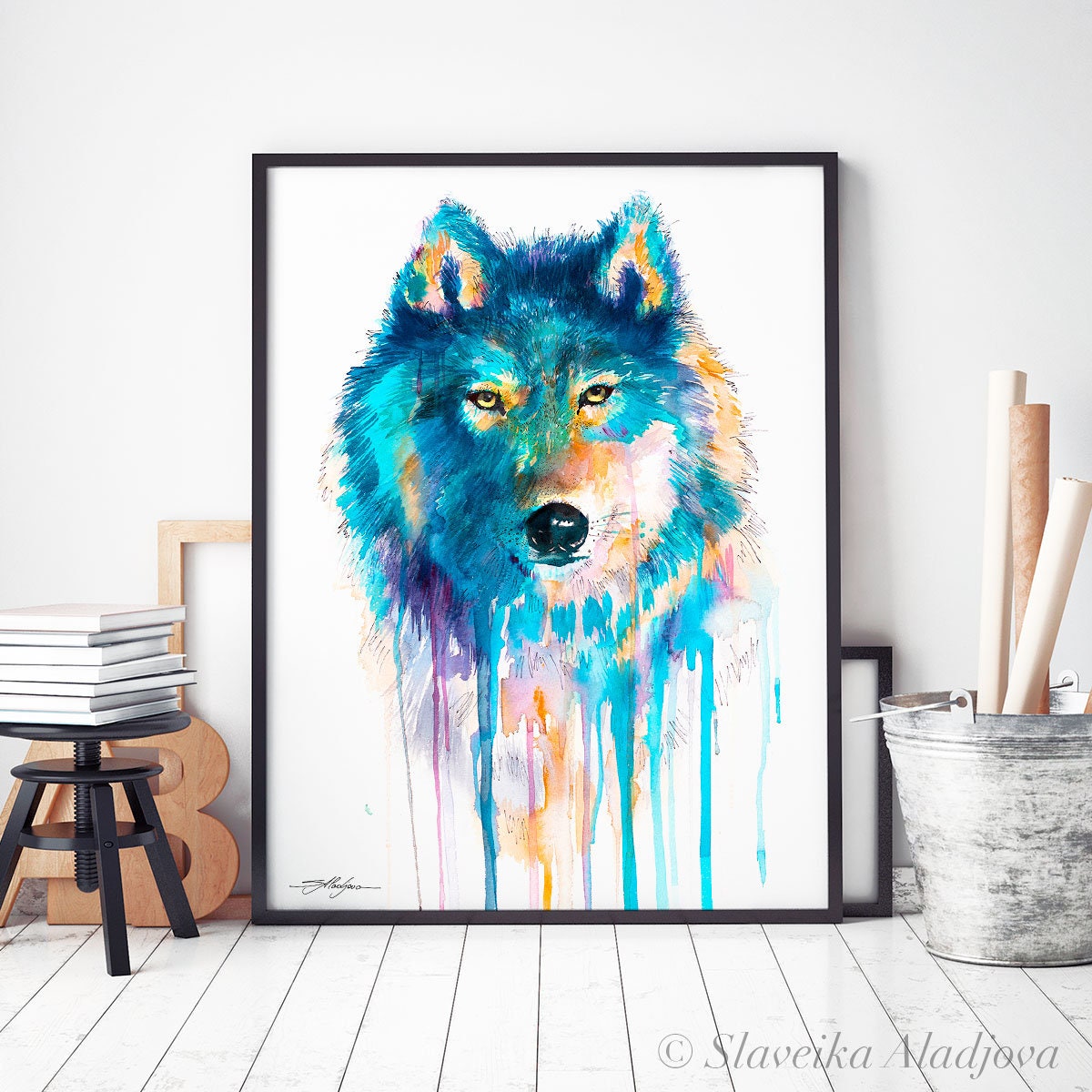 Blue Wolf watercolor painting print by Slaveika Aladjova, art, animal ...