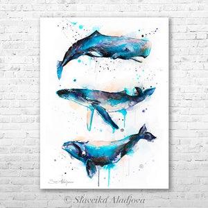 Sperm whale, Right whale,Humpback whale watercolor painting printby Slaveika Aladjova, art, animal, illustration, Sea art, sea life art, image 1