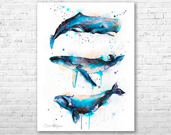 Sperm whale, Right whale,Humpback whale watercolor painting printby Slaveika Aladjova, art, animal, illustration, Sea art, sea life art,