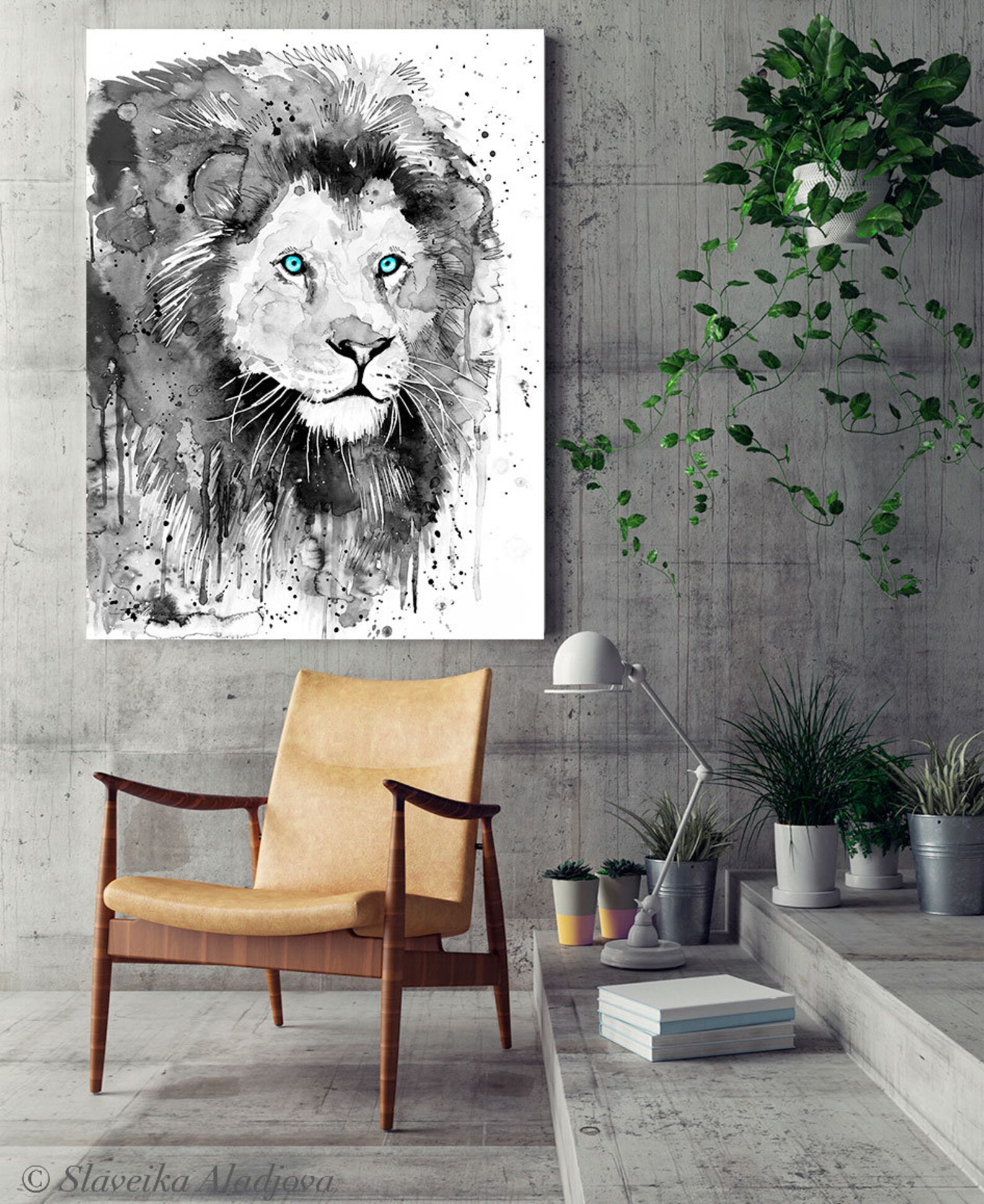 Black and White Lion Watercolor Painting Print by Slaveika Aladjova ...