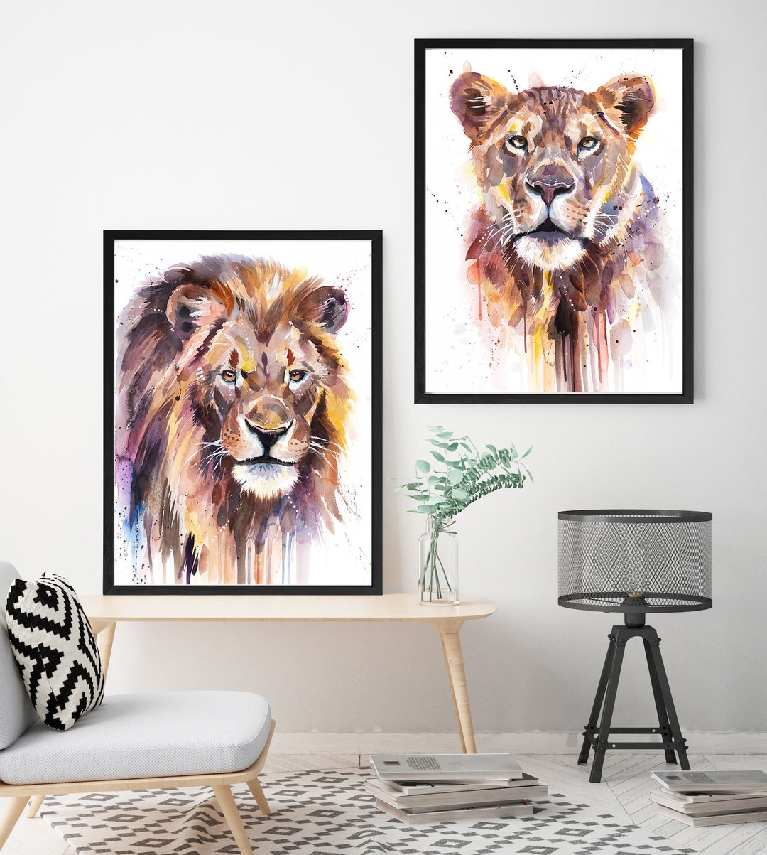 Set of 2 Prints, Lion, Lioness Watercolor Painting Print by Slaveika ...