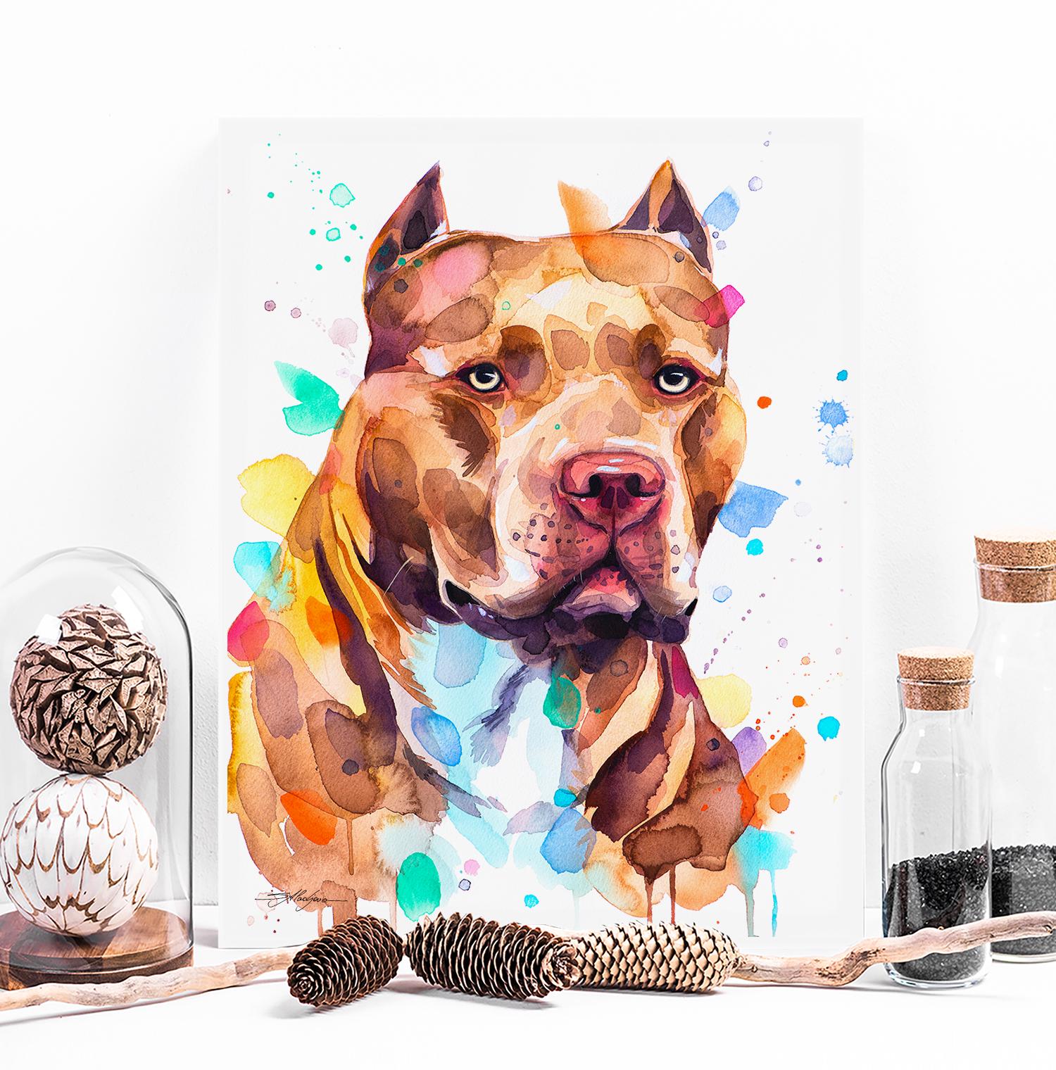 Pit bull Dog watercolor painting print by Slaveika Aladjova, art illustration, home decor, Contemporary, animal poster, cute