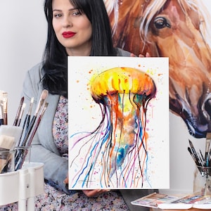 Jellyfish watercolor painting print by Slaveika Aladjova, art, animal, illustration, Sea art, sea life art, home decor, Wall art