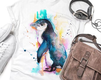Little Blue Penguin T-shirt Limited Edition, Watercolor Bird Art Print, Graphic Tees, Unisex, Women, Kids models, ring spun Cotton 100%,