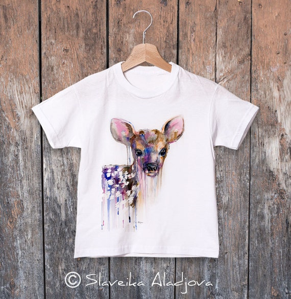 Deer watercolor kids T-shirt, Boys' Clothing, Girls' Clothing, ring spun Cotton 100%, watercolor print T-shirt,T shirt art