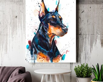 スラヴェイカ・アラジョヴァ作「ドーベルマン犬」限定版水彩画アート