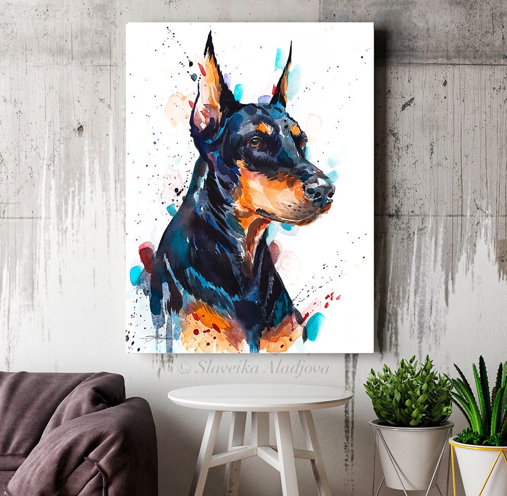 スラベイカ・アラジョワによるドーベルマンの水彩画プリント、動物