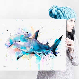 Hammerhead shark watercolor painting print by Slaveika Aladjova, art, animal, illustration, Sea art, sea life art, home decor, Wall art