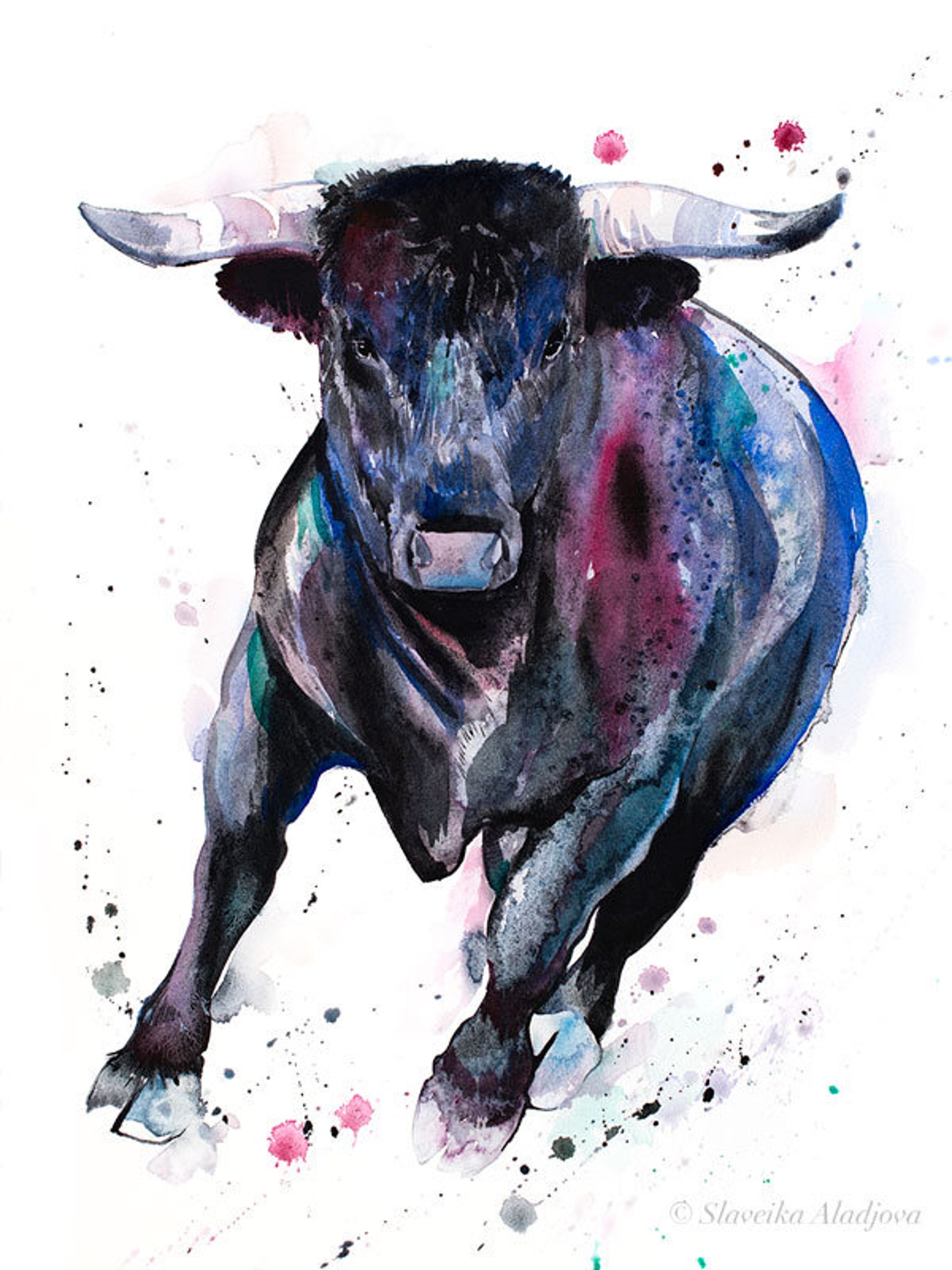Black Bull Watercolor Painting Print by Slaveika Aladjova, Art, Animal ...