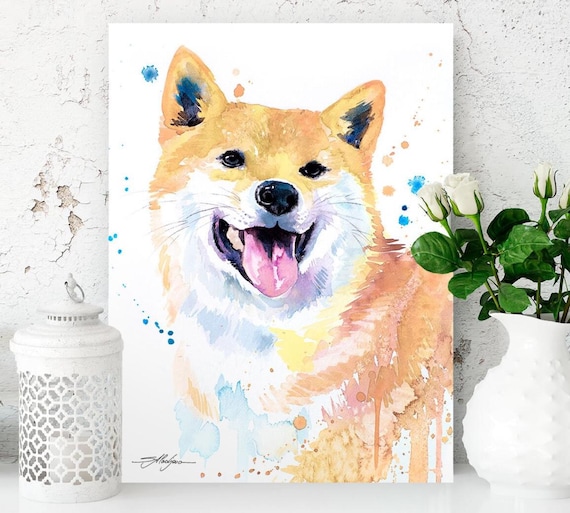 クリーム柴犬限定版水彩画アートプリントSlaveika Aladjova、動物