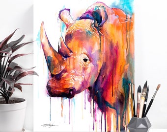 Colorful Rhino watercolor painting print by Slaveika Aladjova, art, animal, illustration, bird, home decor, Nursery, gift, African, Wildlife