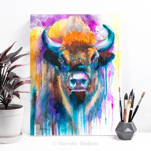 European bison watercolor painting print by Slaveika Aladjova, art, animal, illustration, home decor, Nursery, gift, Wildlife, wall art