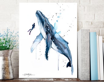 Freediver with Humpback Whale watercolor painting print by Slaveika Aladjova, art, animal, illustration, Sea art, sea life art,home decor