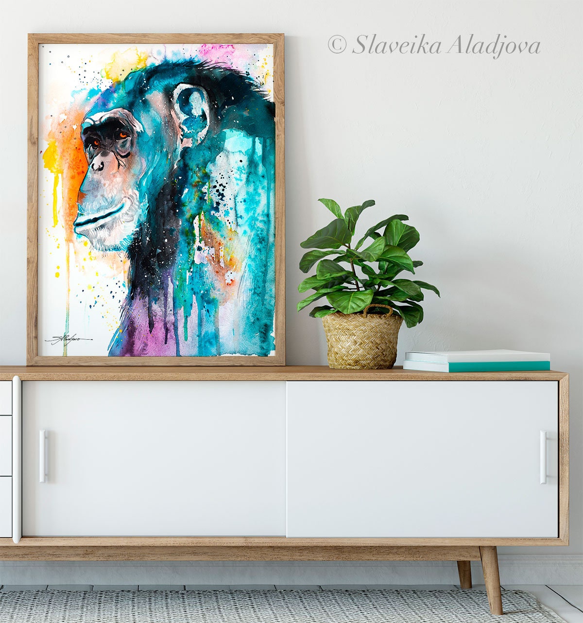 カラフルなチンパンジーの限定版水彩画アートプリント（Slaveika