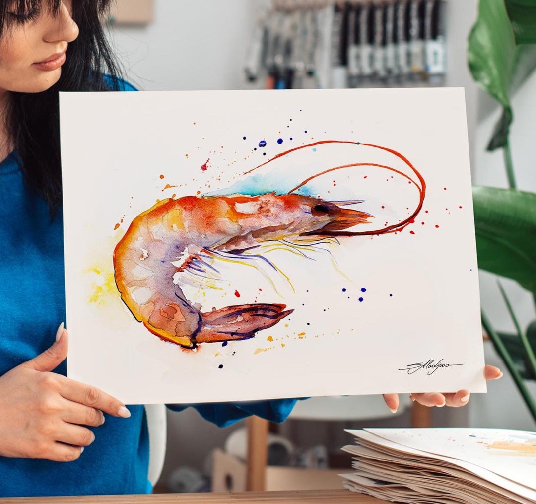 絵画　アート Slaveika Aladjovaによるエビ限定版水彩画アートプリント、動物