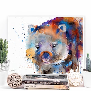 May include: Watercolor painting of a wombat with a blue, orange, and purple background. The wombat is looking directly at the viewer with a curious expression.
