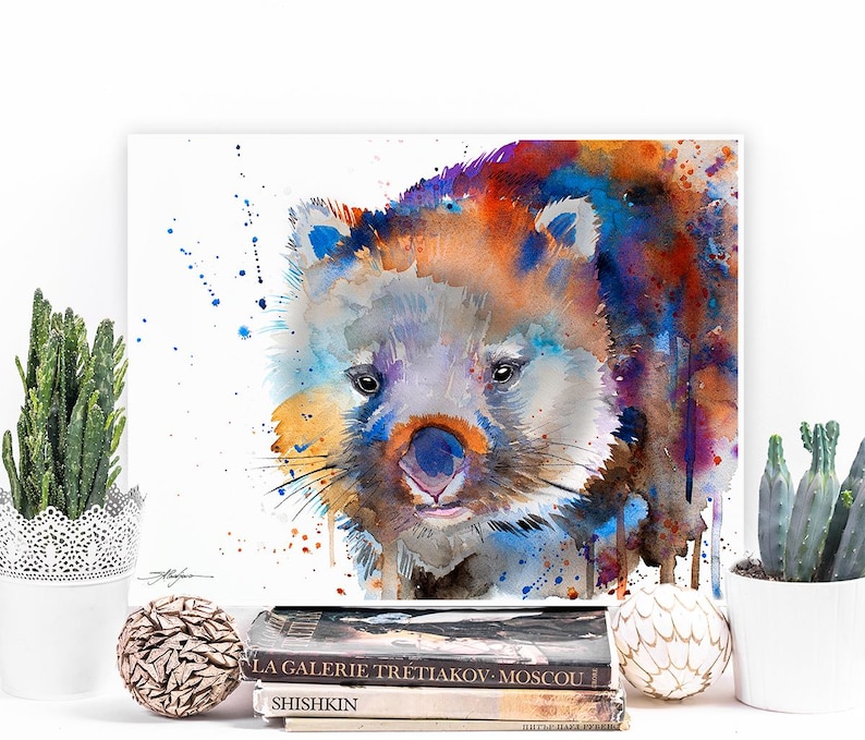 May include: Watercolor painting of a wombat with a blue, orange, and purple background. The wombat is looking directly at the viewer with a curious expression.