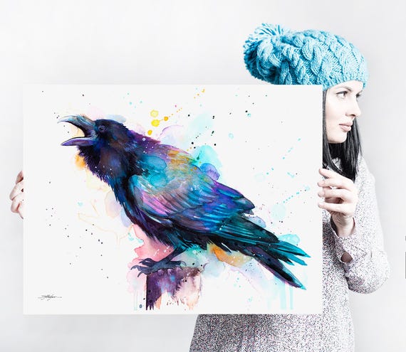 スラヴェイカ・アラジョヴァ作「レイヴン」限定版水彩画アートプリント