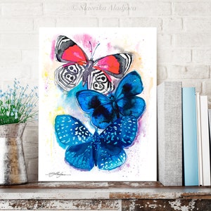Blue and Red Butterfly watercolor painting print by Slaveika Aladjova, art, animal, illustration, home decor, Nursery, wall art,