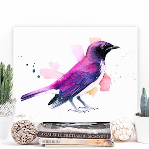 Amethyst starling or Violet-backed starling watercolor painting print by Slaveika Aladjova,art, animal, bird, home decor, wall art, gift,