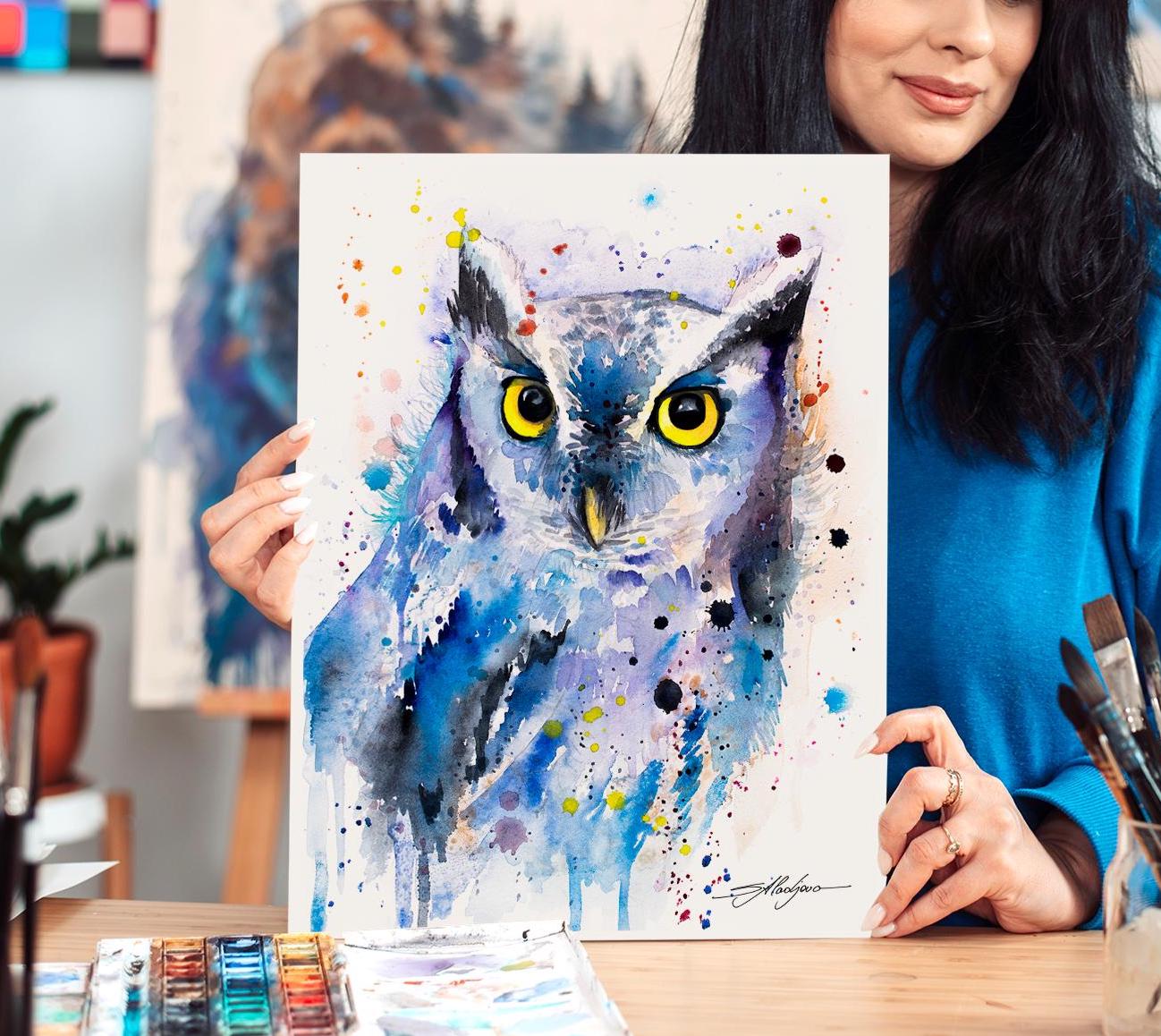 Screech owl Limited Edition Watercolor Art Print by Slaveika Aladjova, animal, illustration, bird, h