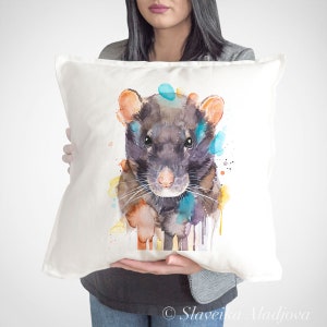 Funda de cojín de rata, almohada, Funda decorativa de cojín, idea de regalo para amantes de los animales, almohada de acuarela, estampado lindo, impresión de decoración de granja