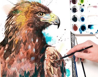 Golden Eagle watercolor painting print by Slaveika Aladjova, art, animal, illustration, bird, home decor, wall art, gift, portrait,