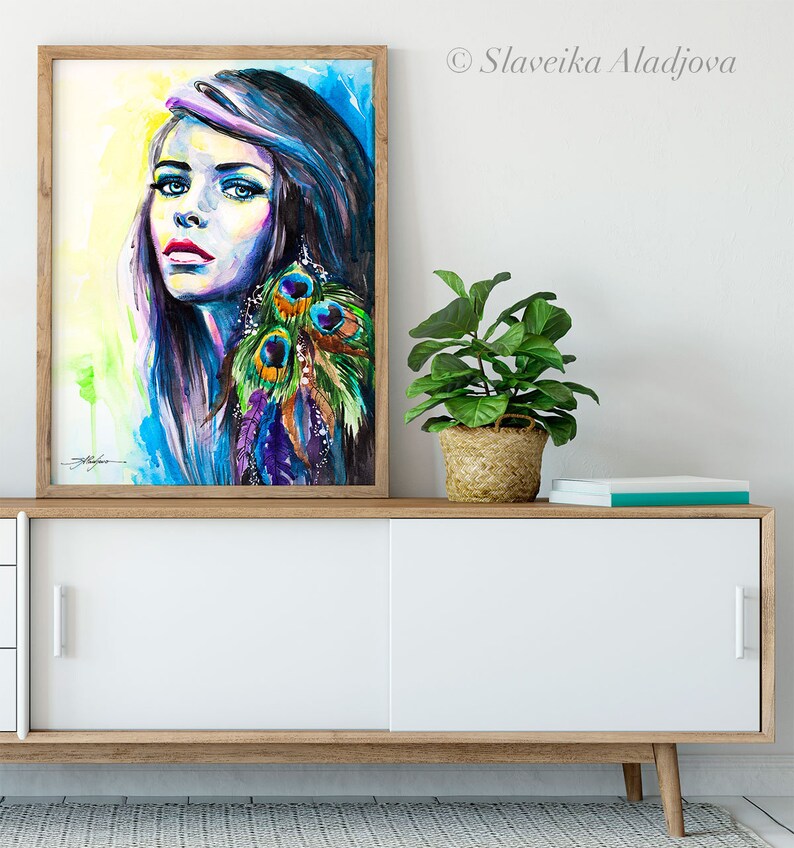 Peacock Girl watercolor painting print by Slaveika Aladjova, Fashion Illustration, Woman art, Illustration, watercolour, wall art,home decor image 7