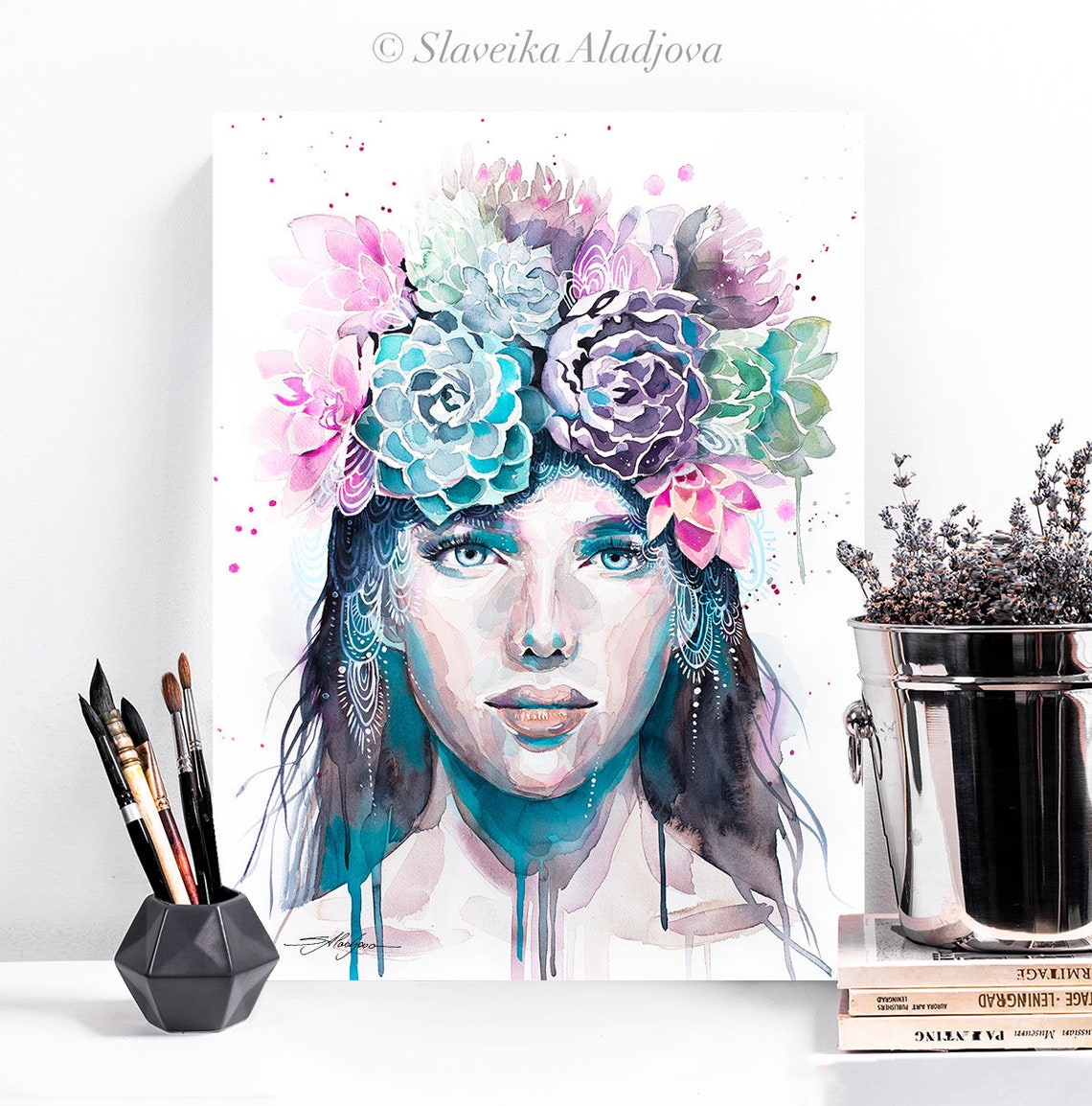 Girl With Succulents Limited Edition Watercolor Art Print by Slaveika ...