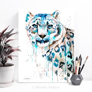 Snow leopard watercolor painting print by Slaveika Aladjova, art, animal, illustration, home decor, Nursery, gift, Wildlife, wall art