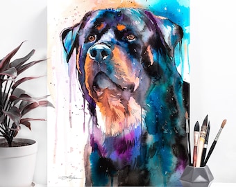 Rottweiler watercolor painting print by Slaveika Aladjova, animal, illustration, home decor, Nursery, Contemporary, dog art, wall art