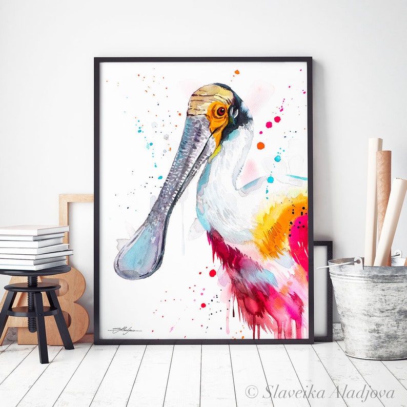 Roseate spoonbill watercolor painting print by Slaveika Aladjova, animal art, illustration, bird, home decor, wall art, portrait, gift image 5