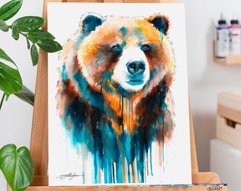 Grizzlybjörn i begränsad upplaga, akvarellkonsttryck av Slaveika Aladjova, djur, illustration, heminredning, barnrum, present, djurliv, väggkonst