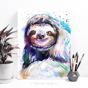 Three-toed sloth watercolor painting print by Slaveika Aladjova, art, animal, illustration, home decor, Nursery, gift, Wildlife, wall art
