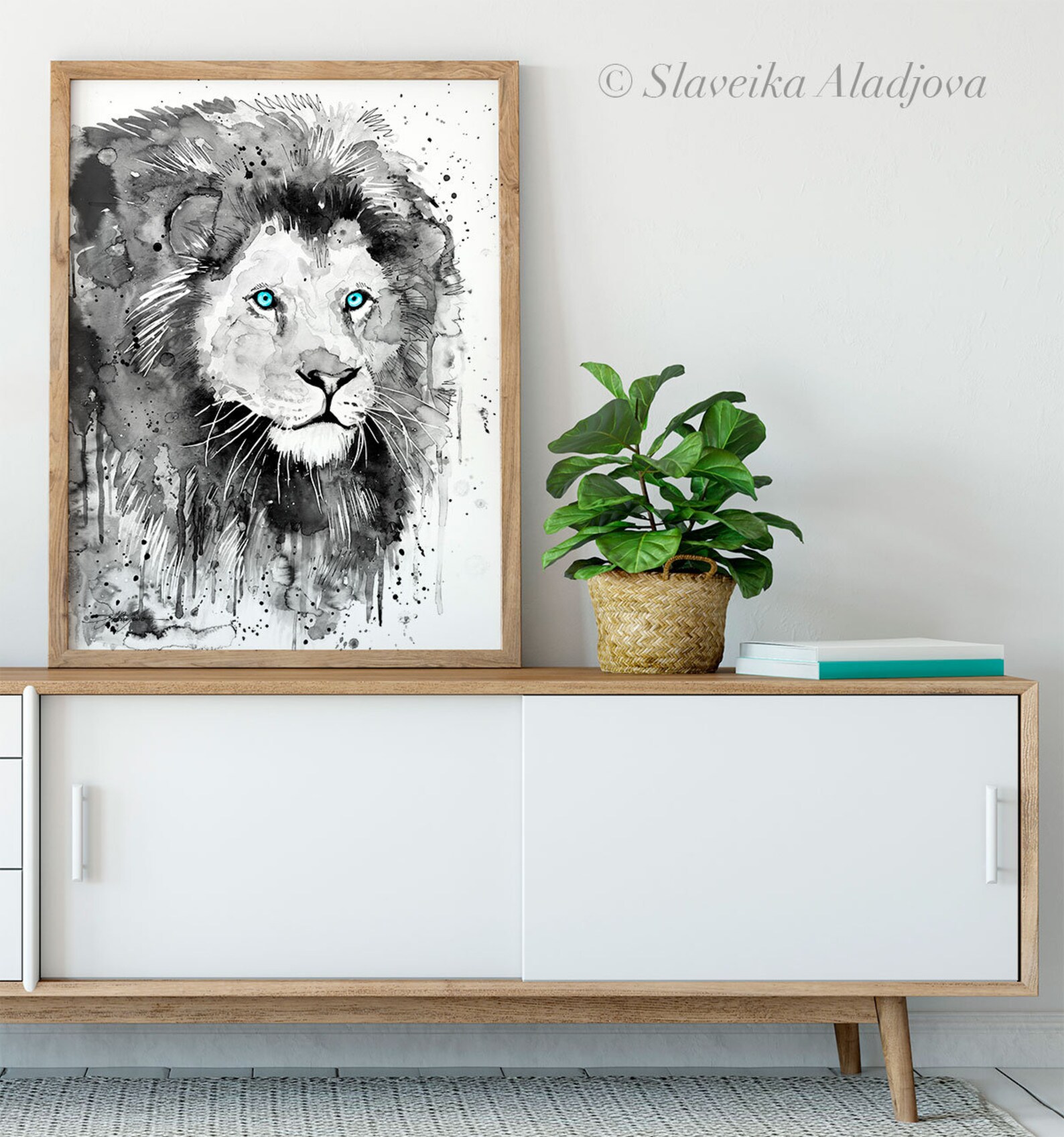 Black and White Lion Watercolor Painting Print by Slaveika Aladjova ...