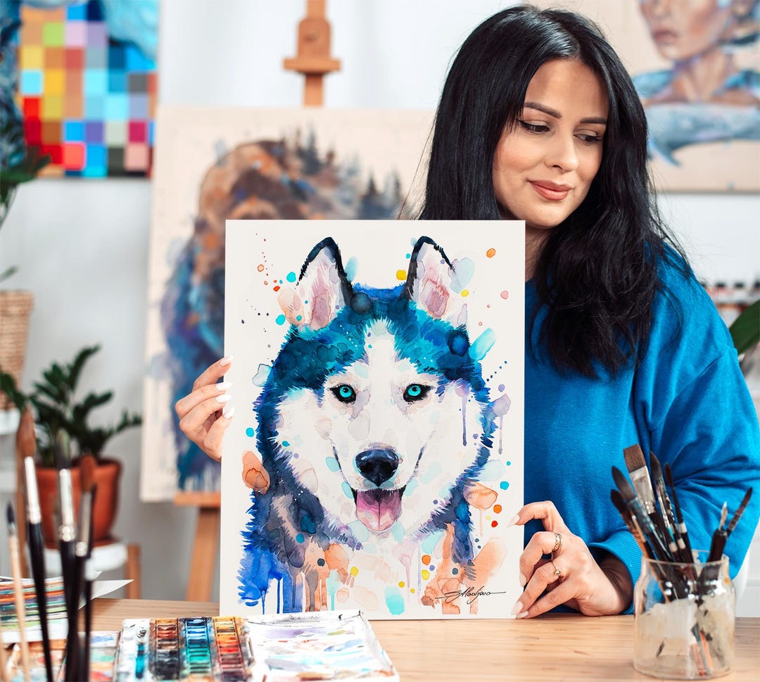 シベリアンハスキー犬 限定版水彩画アートプリント（Slaveika Aladjova