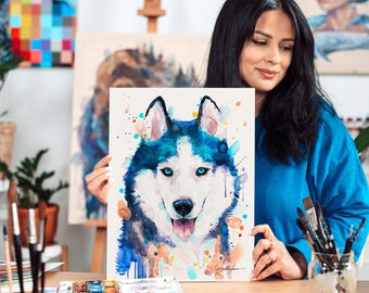 シベリアンハスキー犬 限定版水彩画アートプリント（Slaveika Aladjova