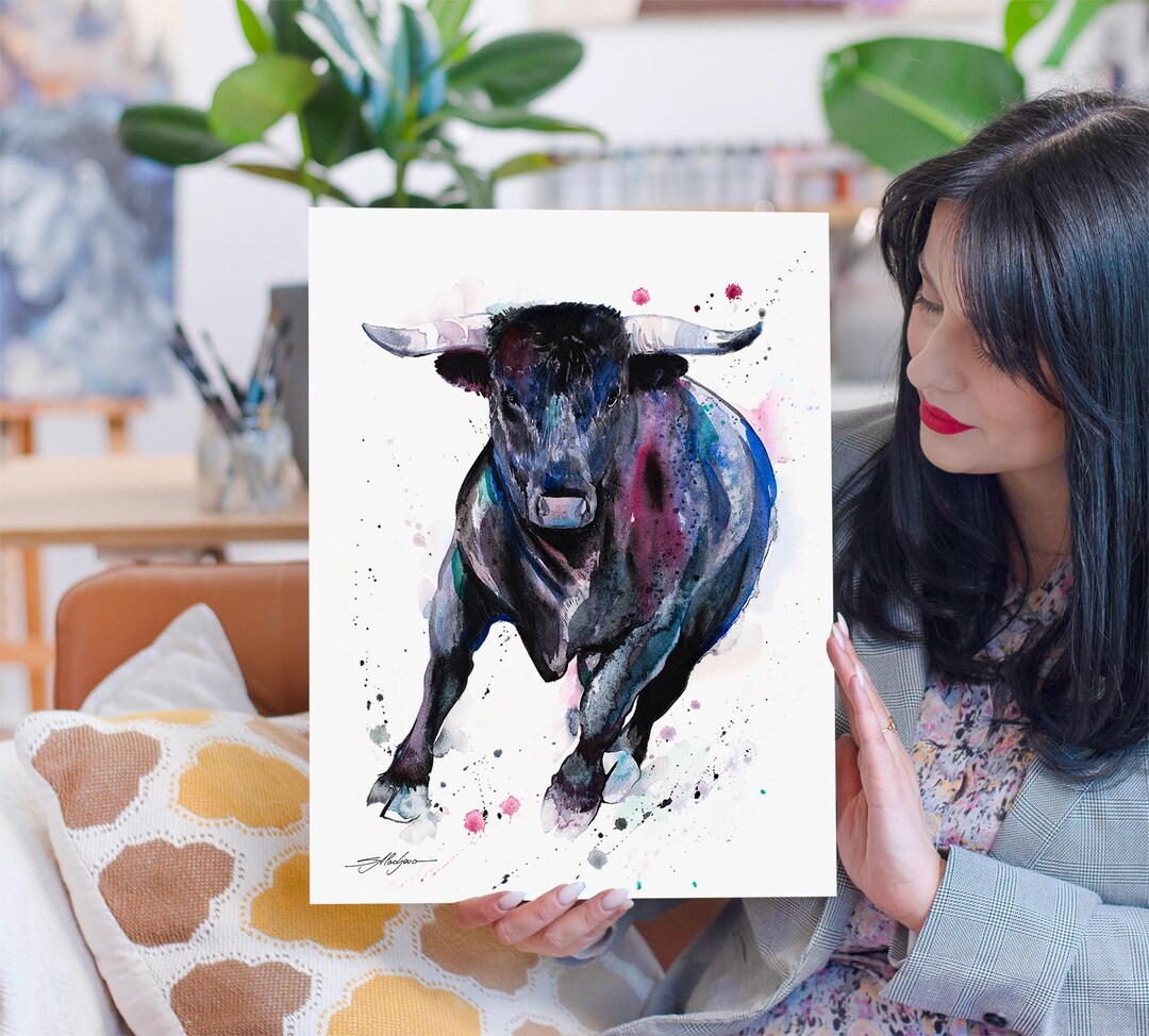 Black Bull Watercolor Painting Print by Slaveika Aladjova, Art, Animal ...