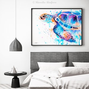 Blauwe zeeschildpad aquarel schilderij afdrukken door Slaveika Aladjova, kunst, dier, illustratie, zeekunst, zeeleven kunst, home decor, kunst aan de muur afbeelding 4