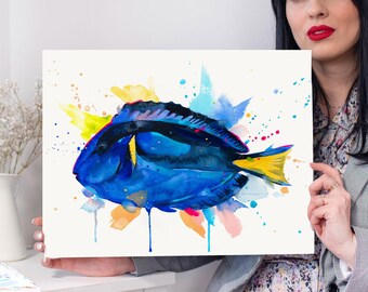 Blue tang fish Limited Edition Watercolor Art Print by Slaveika Aladjova, animal, painting, sea life art,  marine fish, Paracanthurus